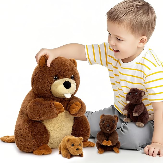 MaoGoLan 4Pcs Beaver Stuffed Animals with Three Babies Inside,17.7" Fluffy Giant Beaver Plush Gift,Funny Beave Plushie Woodland Toys for Kids,Teens,Baby Shower,Christmas