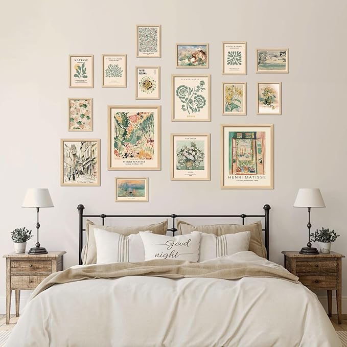 16 PCS Framed Sage Green Wall Art Decor, Matisse Wall Prints for Bedroom, Gallery Wall Frame Set, Abstract Posters for Living Room Aesthetic, Collage Kit Pictures, Boho Dorm Home Decor