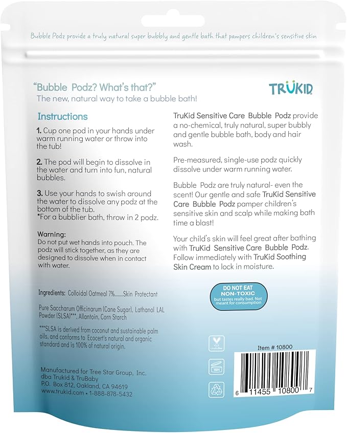 TruKid Bubble Podz Bubble Bath for Kids, Toddlers, & Babies, NEA-Accepted for Eczema, Gentle Refreshing Colloidal Oatmeal Bath Bomb for Sensitive Skin, pH Balanced, Tear Free, Unscented (24 Podz)