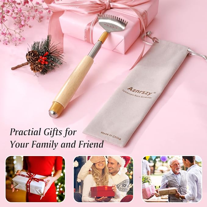 Best Telescoping Back Scratcher, Back-Scratcher for Women Men Kids with Wood Handle, Steel Massage Roller, Wide Claw, Handheld Head Scratcher Back Massager Extend Up to 24Inch