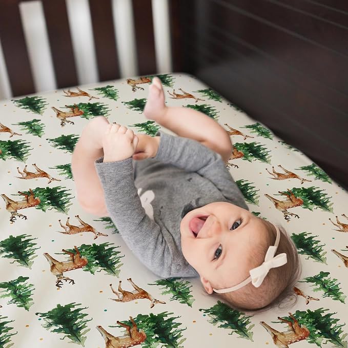 BROLEX Baby Fitted Crib Sheets: Kid Crib Sheets - Set of 2 for Toddler Standard Size Crib Mattress for Boys and Girls - Jersey Knit Crib Bed Sheets Sika Deer&Foliage
