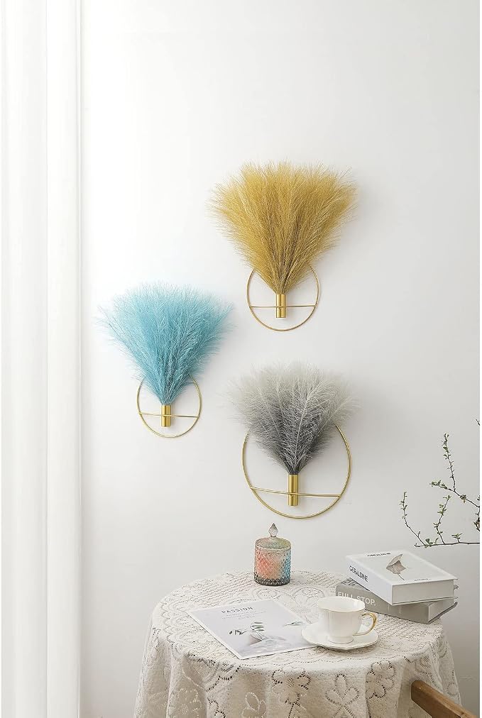 Pretty Jolly Boho Pampas Wall Decor Gold Metal Wall-Mounted Art | Morden Artificial Greenery Display,2 Pack Gray Hanging Planter For Living Room, Bedroom, Bathroom, Dining room