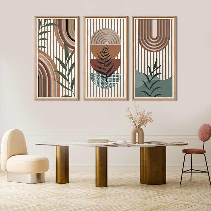 IARTTOP Framed Boho Mid-Century Modern Wood Wall Art 16x32 Inch Large Bohemian Abstract Geometric Wooden Wall Decor Minimalist Brown Green Plant Decor for Bedroom Living Room Dining Room Set of 3
