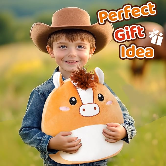 Athionsu 12 Inch Horse Plush Pillow Soft & Cuddly Stuffed Horse Soft Squishy Birthday for Toddler Kids Boys and Girls