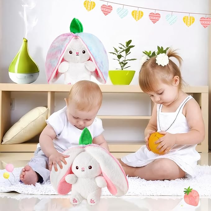 MIAODAM Rainbow Strawberry Bunny Stuffed Animal, Nebula and Strawberry Bunny Plush Turn Into Rabbit Fruit Doll Pillow, Plushie Cute Bunny Toy for Baby and Kids (10 inch)