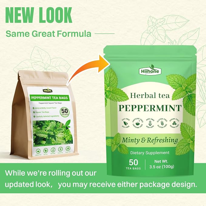 Hiihone Peppermint Tea Bags 50 Count – Pure Peppermint Mint Tea, Caffeine-Free Herbal Tea, Cooling & Refreshing, Non-GMO, Soothing, Supports Digestion & Fresh Breath, Hot or Iced