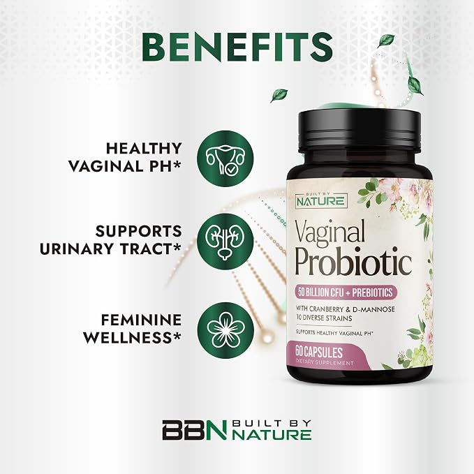 Built by Nature Vaginal Probiotics for Women – pH Balance & Feminine Health with Prebiotics, Lactobacillus & Cranberry Extract – 50 Billion CFU – Support UT, Vaginal Odor & Flora – 60 Capsules