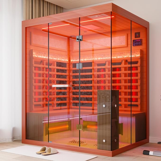 MEISSALIVVE Full Spectrum Infrared Sauna,3-4 Person Home Sauna, Red Cedar Luxury Indoor Spa Sauna with Resonance Speaker, Panoramic Tempered Glass Door
