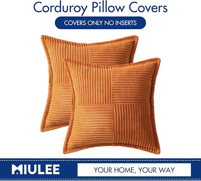 MIULEE Fall Burnt Orange Decorative Throw Pillow Covers 20x20 Inch 2 Pack | Boho Broadside Striped Patchwork Pillow Covers, Soft Corduroy Cushion Cases, For Couch Sofa Bed Livingroom Home Decor