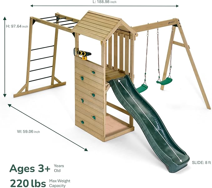 Plum Wooden Swing Sets for Backyard with Slide, Outdoor Toddler Playground Playsets, Monkey Bars, Jungle Gym for Kids, 2 Swings, Rock Climbing Wall, Telephone, Chalkboard, Sturdy, Weatherproof, Age 3+
