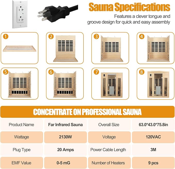 3 Person Infrared Sauna 0-5mG Ultra Low EMF Far Infrared Sauna for Home 2130W/20A Canadian Hemlock Indoor Sauna with Front Door Heating Panel, Chromotherapy Lights