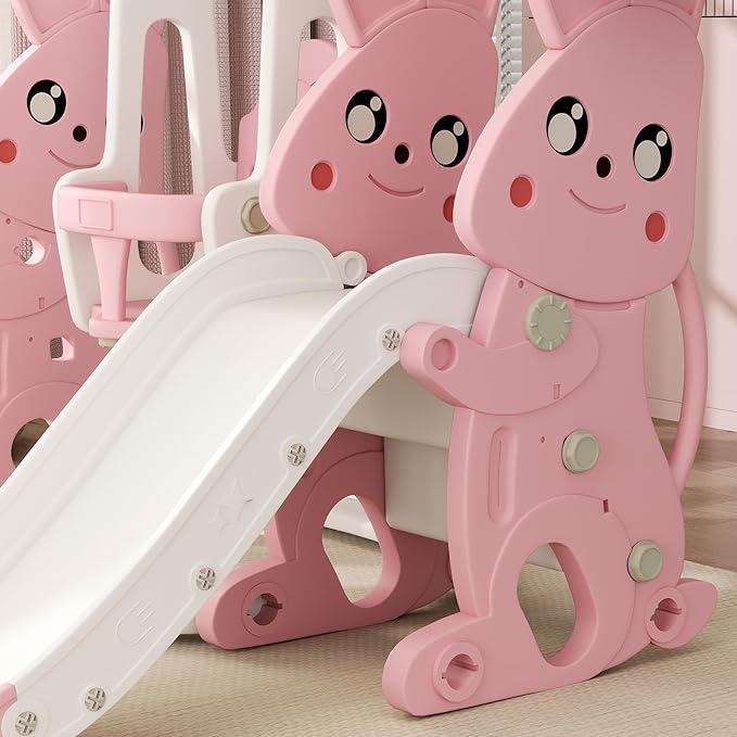 Qaba 4 in 1 Toddler Slide and Swing Set, Kids Playset for Ages 1.5-4, Rabbit Themed Children Slide Playground with Climber, Basket Hoop, for Indoor Outdoor Backyard, Pink