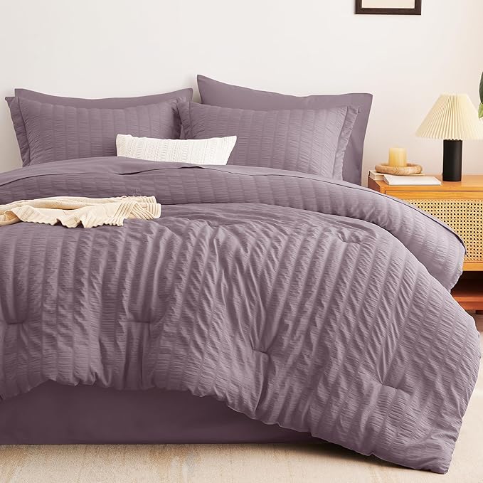 CozyLux Oversized Queen Comforter Set Dusty Purple Seersucker 7 Pieces 98x98 Bed in a Bag Comforter Set with Sheets, Grayish Purple Bedding Set Down Alternative Comforter, Sheets, Pillowcases & Shams