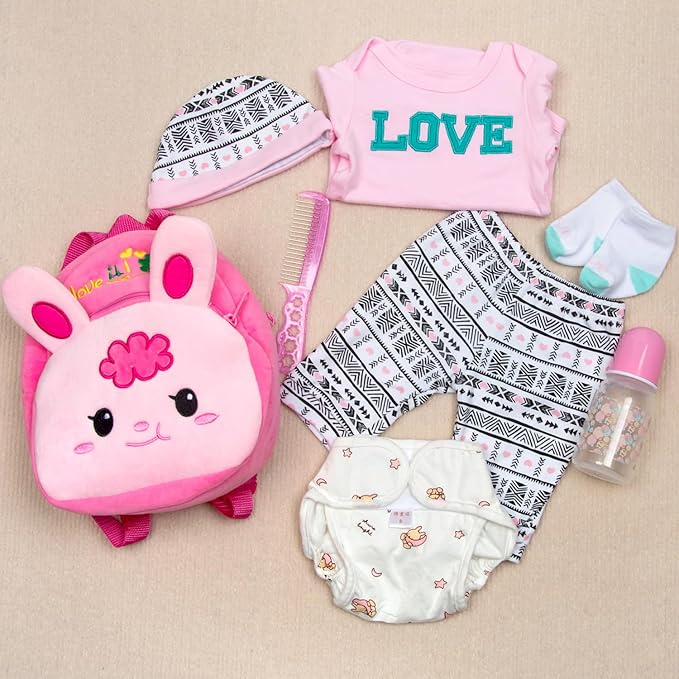 Reborn Baby Girl Doll Clothes Pink Outfits Accesories 8 Pcs Set with Backpack&Diaper for 17-22 Inch Reborn Doll Newborn Girl
