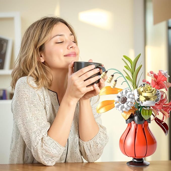Flowers Bouquet Building Set for Adults. Artificial Flower for Home Kitchen, and Office Decor. Gifts for Christmas Day, Valentines, Birthdays, Mother's Day.