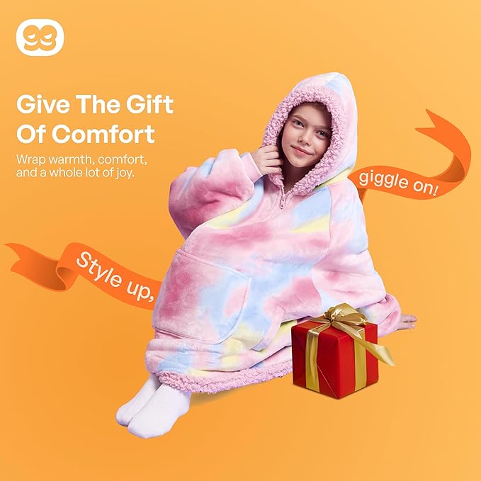 Giggling Getup Wearable Blanket Hoodie for Girls and Boys Warm Cozy Sherpa Fleece Hooded Blanket Sweatshirt Oversized Hoodie with Giant Pocket & Sleeves for Kids Cotton Candy Tie Dye