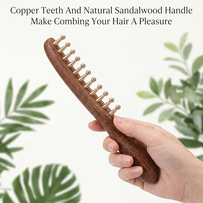YUXIANLB Copper Sandalwood Wide Tooth Massage Comb, Rounded Bristles | meridian, acupuncture, gua sha tool, detangling sandalwood, reduces frizz and static, for hair growth scalp body relaxation