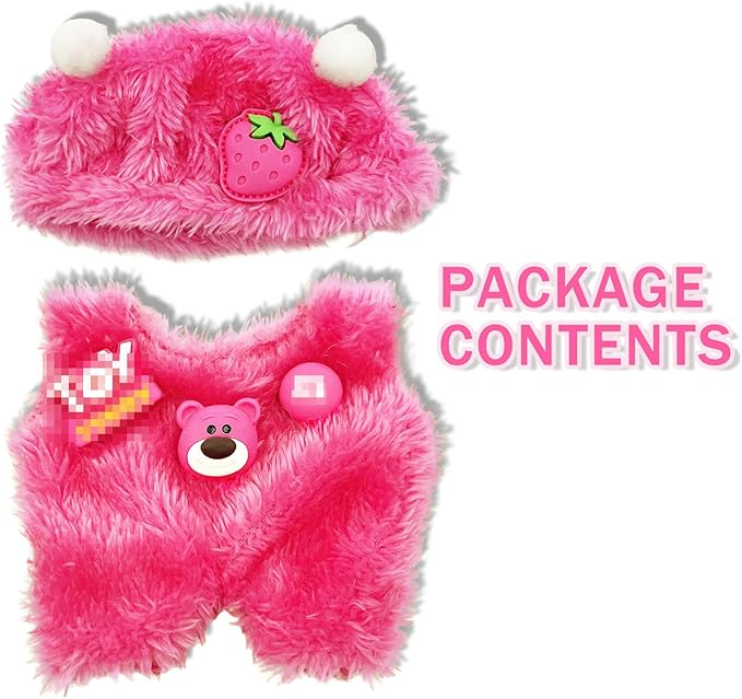 17cm Clothes Set(NO Doll),Hat & Overalls Set for 17cm Accessories Suit,Stylish Adorable Dolls Clothes Accessories,Cute Clothes for Dress up Unique Style (Pink Strawberry Bear)