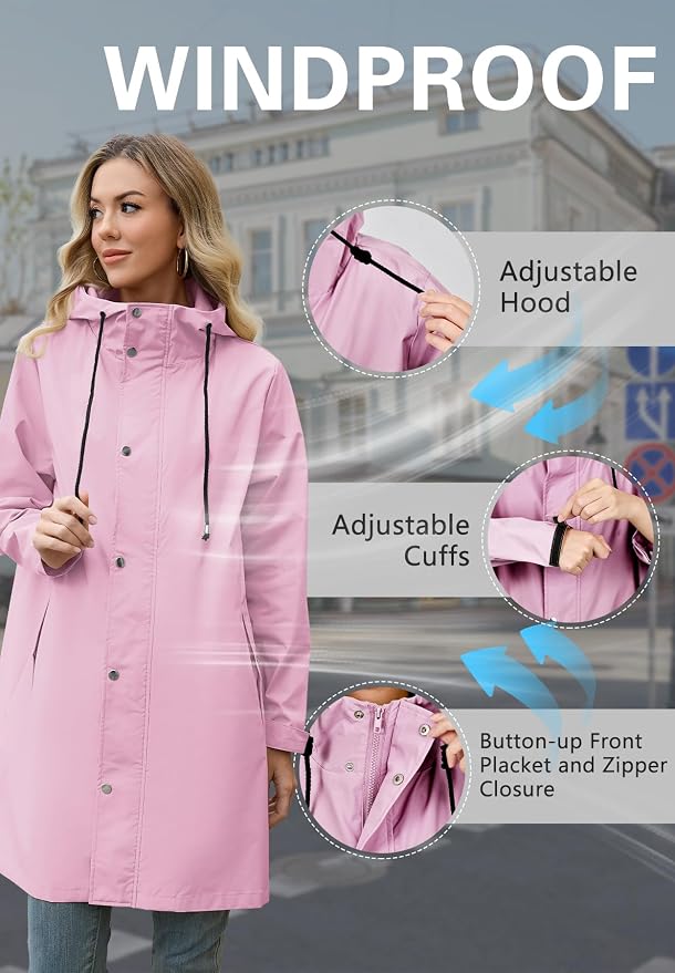 Zando Long Packable Rain Jacket Women Waterproof Raincoat with Hood | Relaxed-Fit Lightweight Windbreaker for Women; Travel Rain Coats for Commute, Hiking, Cruise, and Daily wear