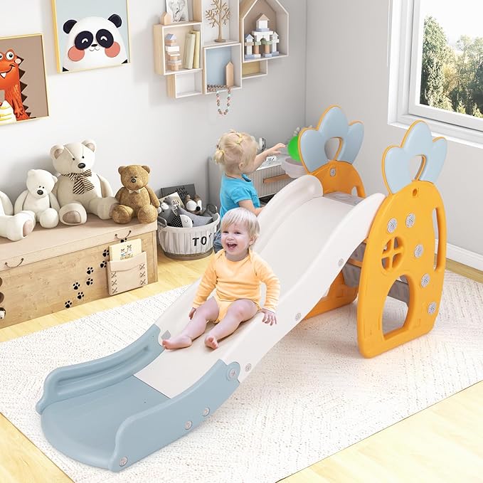 BABY JOY Toddler Slide, 3 in 1 Freestanding Foldable Kids Slide with Climber, Basketball Hoop & Ball, Buffer Zone & Safety Handrails, Indoor Pineapple Theme Play Slide for Kids, Boys & Girls