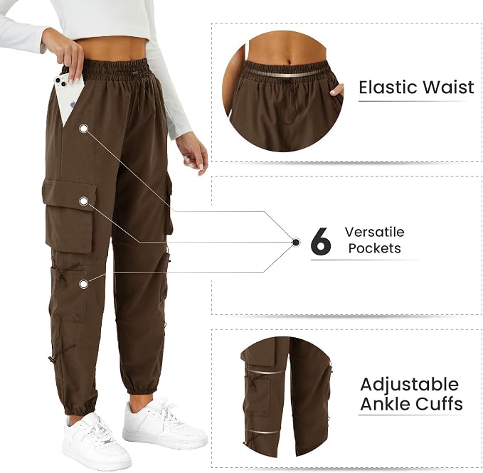COPYLEAF Womens Parachute Cargo Pants with Pockets Quick Dry Hiking Pants Lightweight Water-Resistant Baggy Joggers