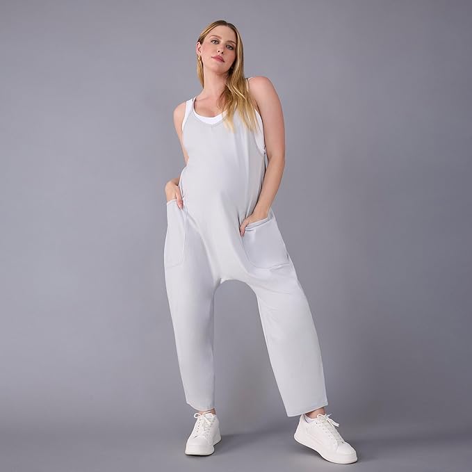 Motherhood Maternity womens Casual Baggy Sleeveless V-neck Pregnancy Romper Jumpsuit With Loose Spaghetti Straps and Pockets