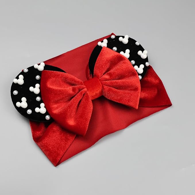 JIAHANG Baby Girl Velvet Mouse Ears Turban Headwrap with Beads, Wide Velour Hair Bow Headband for Toddler, Infants, Kids, Party Supplie