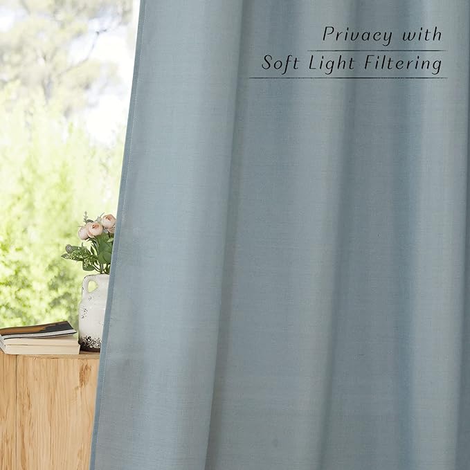 NICETOWN Linen Flax Semi Sheer Curtains 94" Length, Grommet Window Treatments Privacy Added with Light Penetration Vertical Drapes for Loft/Home Office, Stone Blue, W55 x L94, 2 Panels