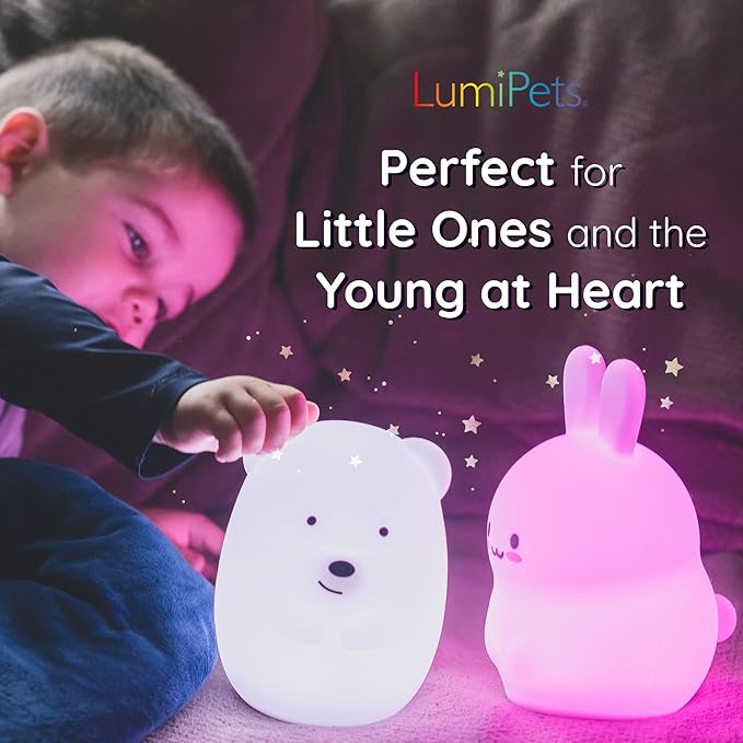 Lumipets Baxter The Bunny Squishy Night Light for Kids | Silicone Lamp with Tap & Remote Control | Rechargeable Color Changing Animal Night Light for Boys & Girls | Portable Nightlight with USB Cord