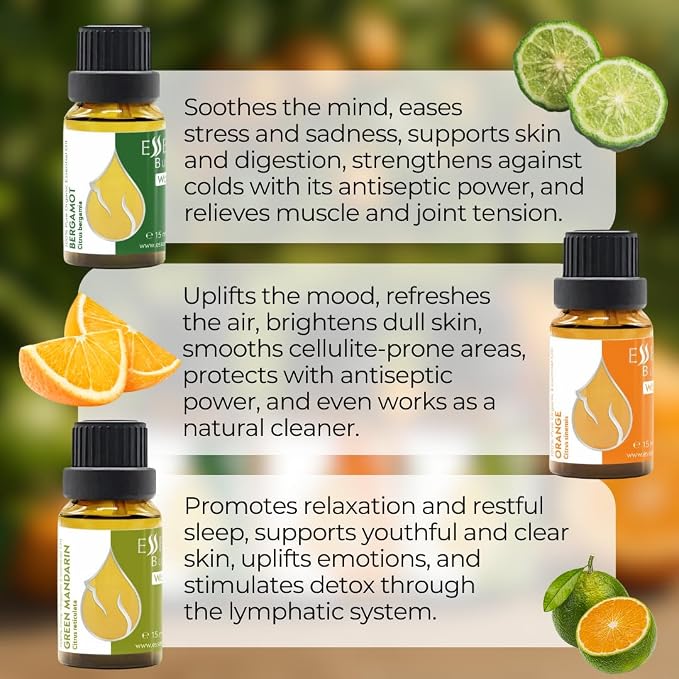 Citrus Set Organic Essential Oils |1.52 Fl Oz | Orange + Green Mandarin + Bergamot | 100% Pure and Natural | Undiluted | Therapeutic Grade | Non-GMO | (3 pcs x 15 ml)