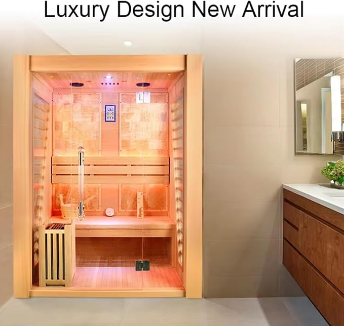 Wooden Steam Sauna Room, 2 Person Canadian Red Cedar Luxurious Indoor Sauna with 4.5 KW Harvia Stove Heater, Bluetooth Speaker, Sauna Stone, Wooden Bucket, Scoop, Reading Light, Hourglass, 220V