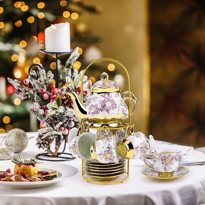 20 Pcs Porcelain Tea Set With Metal Holder,European Ceramic Tea Set for 6,Beautiful Tea Cup Gift Sets for Home&Party (Purple)