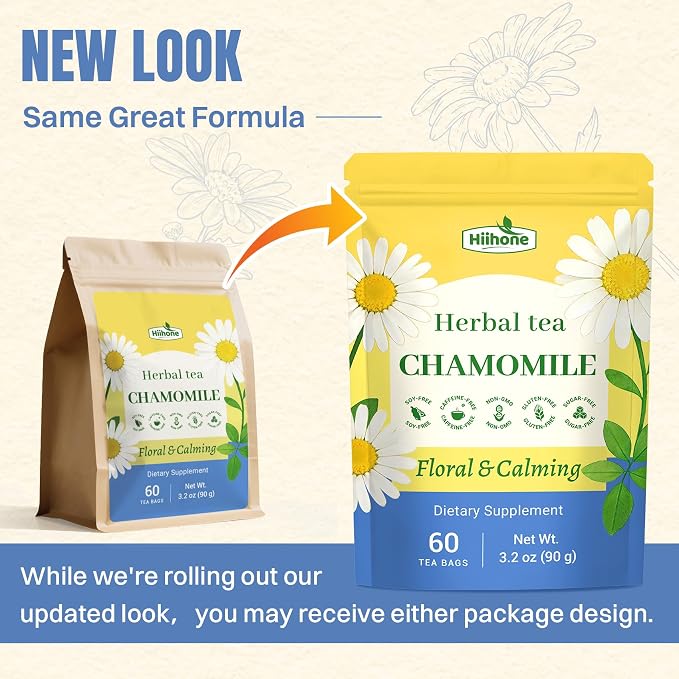 Hiihone Chamomile Tea Bags 60 Count – Pure Chamomile Herbal Tea, Caffeine-Free, Supports Relaxation & Stress Relief, Premium Floral Chamomile, Non-GMO Natural Herbal Tea