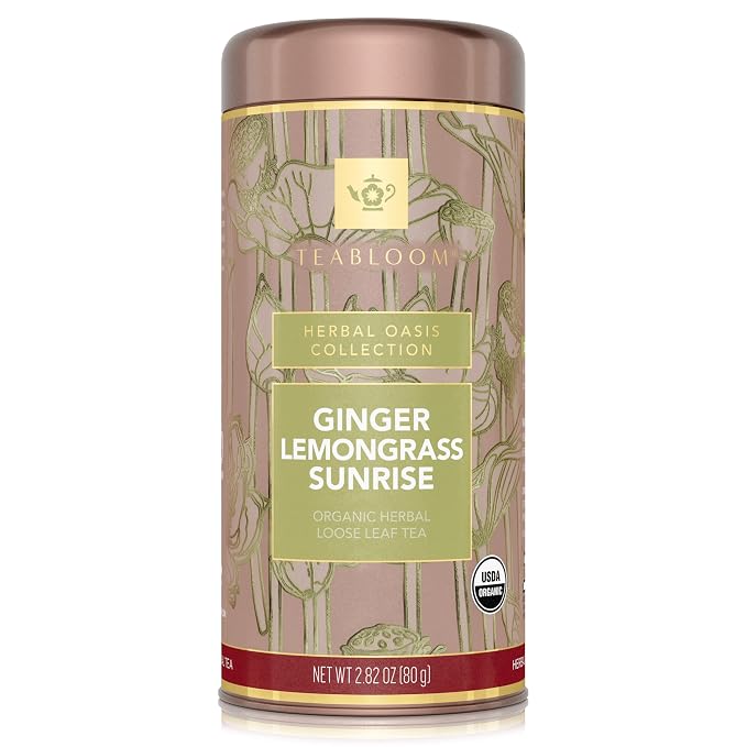 Teabloom Organic Herbal Tea, Ginger Lemongrass Sunrise Loose Leaf Tea, Sweet and Soothing, Fresh Whole Leaf Blend in Reusable Gift Canister, 2.82 oz/80 g Canister Makes 35-50 Cups