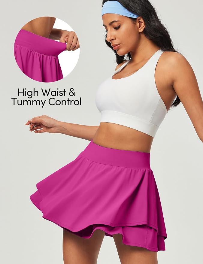 IUGA Tennis Skirt Pleated Skorts for Women with Pockets Skirts for Women | Double Ruffle Skort , Built-In Shorts, 2 Pockets, Tummy Control Breathable, Quick-dry, for Golf, Athletic, Running, Workout