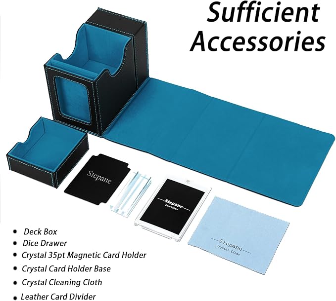 MTG Deck Box for Commander Display with Dice Tower, Fits 100 Double Sleeved Cards for TCG/PTCG, Cards Storage Case with Dice Tray and 35PT Magnetic Card Holder (Black/Cyan)