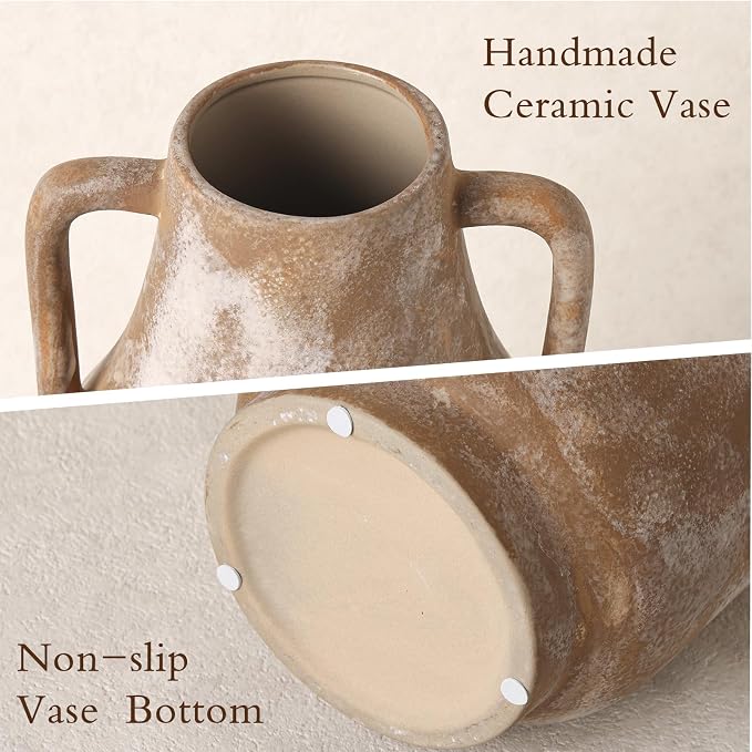 Ceramic Flower Vase with Handles, 11in Tall Rustic Vases for Centerpieces | Waterproof Large Decorative Terracotta Vases for Home Decor, Living Room,Table, Handcrafted (Terracotta)
