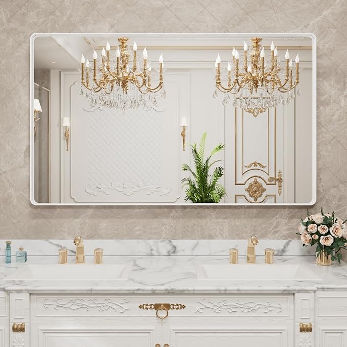 LOAAO 55x30 Inch White Metal Framed Bathroom Mirror | Rounded Rectangle Mirror, Anti-Rust, Tempered Glass, Hangs Horizontally or Vertically