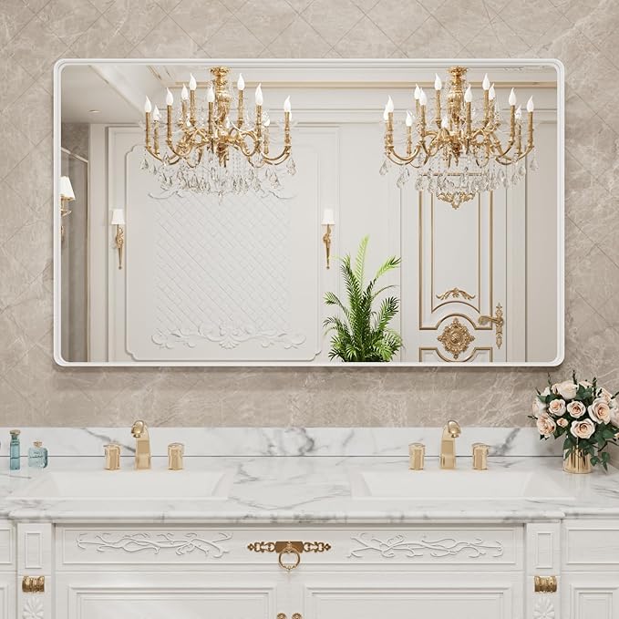 LOAAO White Metal Framed Bathroom Mirror, 50x30 Inch | Rounded Rectangle, Anti-Rust, Tempered Glass, Hangs Horizontally or Vertically