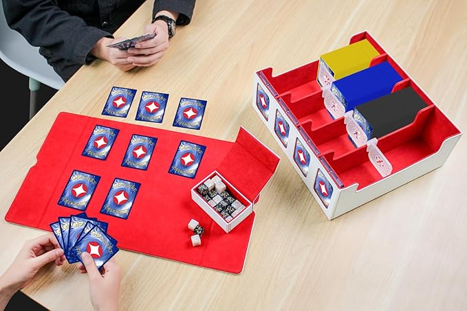 GEAoffice Trading Card Storage Box with Commander Display, 3200+ Card Deck Case with Magnetic Removable Lid, 4-Row Deck Box for MTG/TCG/Sports/Games, 10 Stoppers, 24 Dividers, 1 Dice Tray, White Red