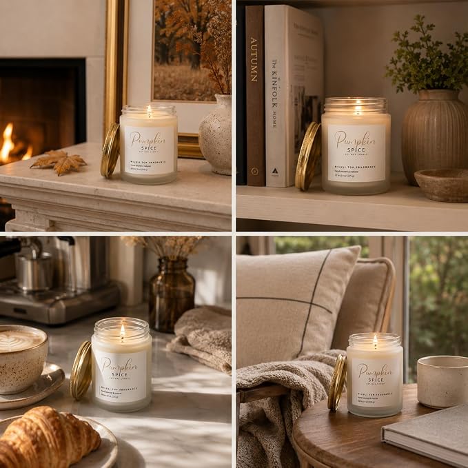 Pumpkin Spice Scented Candles for Home - 15% Essential Oil Luxury Aromatherapy - Handmade Natural Soy Wax Candle for Women Men Relaxation - 9oz Frosted White Jar,50H Clean & Non-Toxic Burn