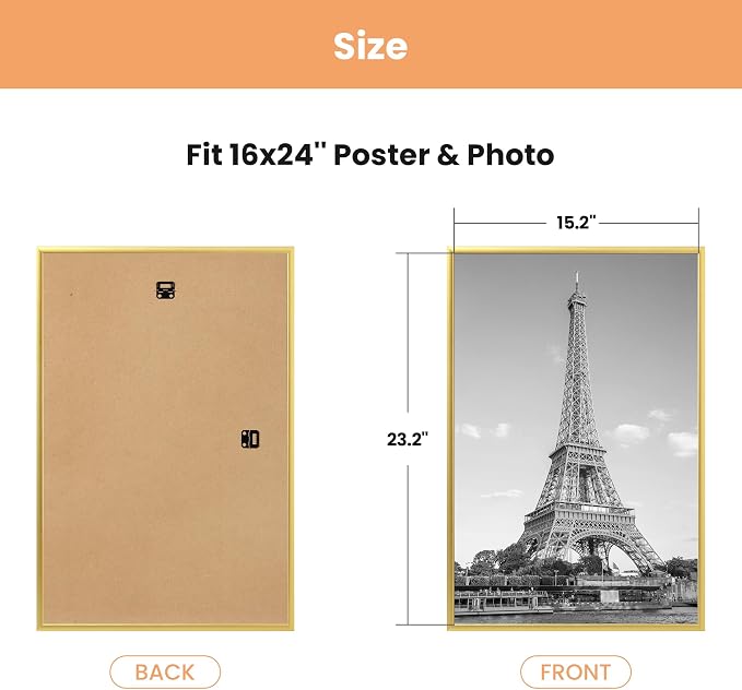 upsimples 16x24 Poster Frame, Easy Slide-In Assembly, Gold, 3 Pack | Gallery Wall 16 x 24 Picture Frames Set for Family, Wedding, Christmas, Easy to Change Photos