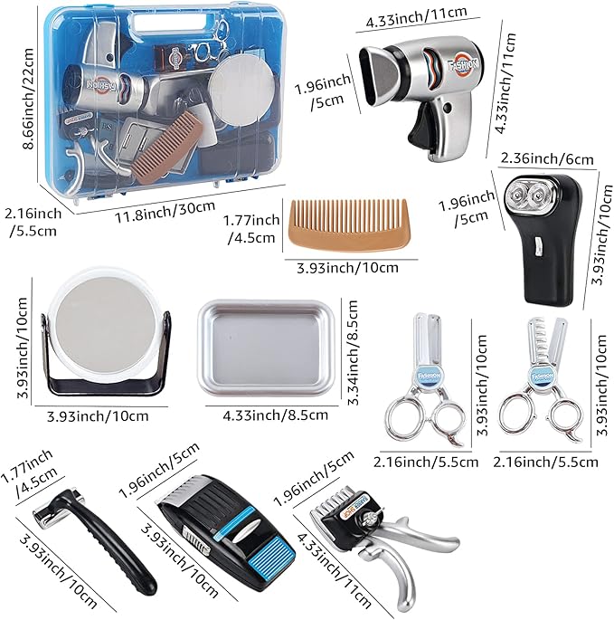 deAO Barber Shop Kids Shaving Kit for Boys Pretend Play Toy Hair Styling, Realistic Salon Role Play with Hairdryer, Shaving Tools, Barber Accessories with Case, Birthday Christmas Gift for Boys Girls
