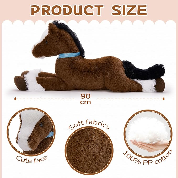 MaoGoLan Large Horse Stuffed Animal for Boy, Big Horse Plush Toy for Girl, Ridable Stuffy Pony for Kids, Coffee Stuffed Pony Plush Pillow for Baby Shower or Birthday Party Favor Gifts, 33 inches