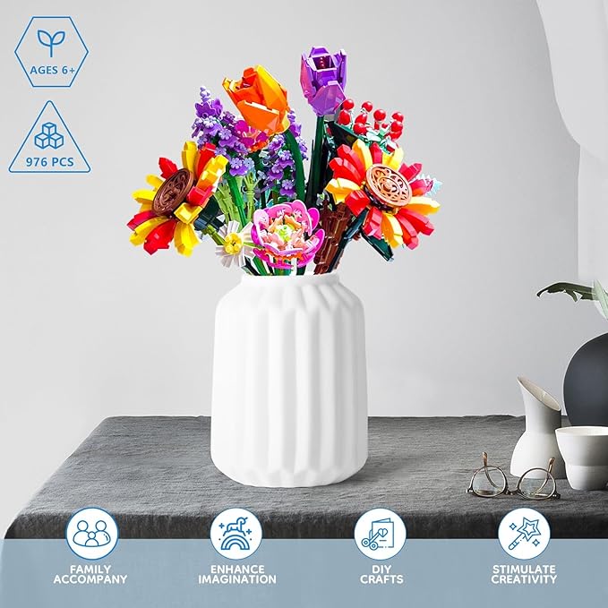 Flower Bouquet Building Set, 976 PCs Botanical Collection Kit with Sunflowers, Chamomile, Lavender, Lulips, DIY Unique Office Home Decor Gift for Christmas, Mother's Day & Valentine