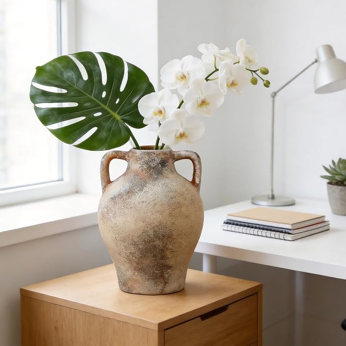 Ceramic Flower Vase, 8.7" Rustic Farmhouse Table Vase, Decorative Pottery Vase with Glazed Interior for Fresh Flowers, Eucalyptus, Entryway, Kitchen, Shelf and Bedroom Decor