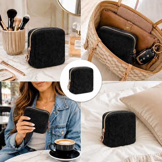 Period Bag for Girls, Corduroy Period Kit with Sanitary Pad Pouch, Menstrual Storage Bag and Tampon Holder for Purse, Girls School Essentials,Feminine Care Organizer(Black)