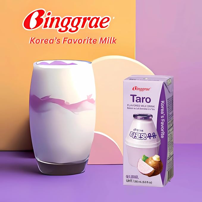 Binggrae Taro Flavored Milk Drink – Sweet and Creamy Korean Beverage – Shelf-Stable – Pack of 24 Drink Boxes