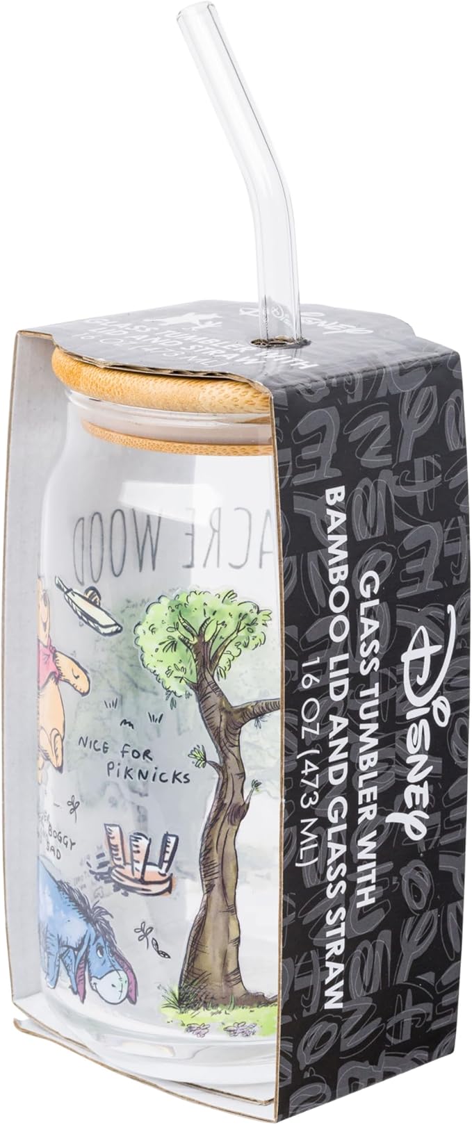 Silver Buffalo Disney Winnie the Pooh 100 Acre Wood Glass Tumbler with Bamboo Lid and Straw Featuring Winnie the Pooh and Eeyore, 16 Ounces