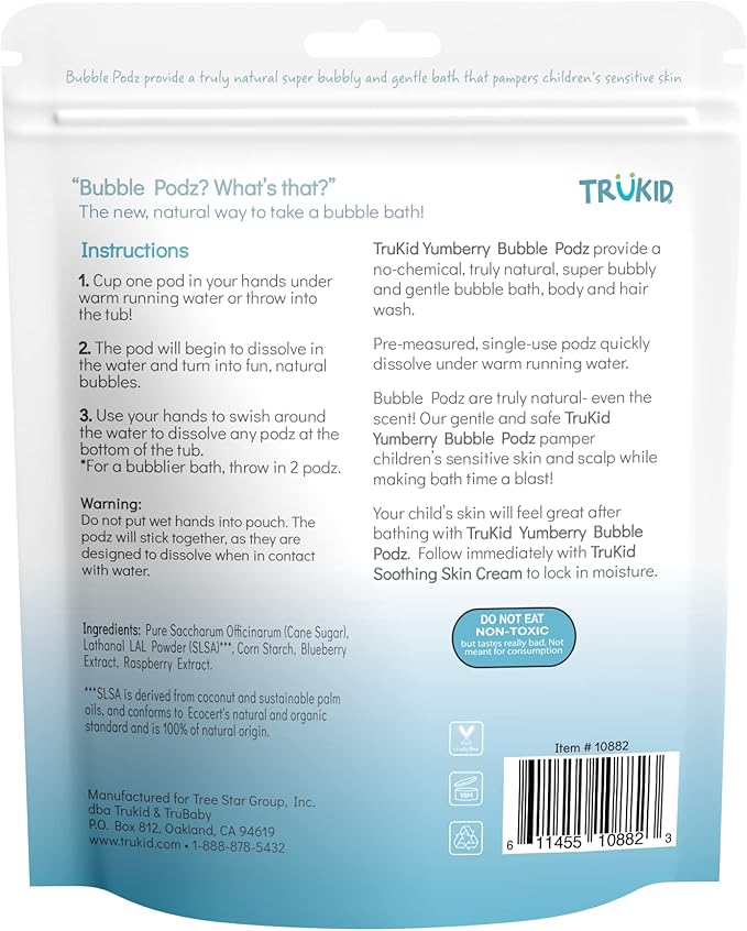 TruKid Bubble Podz Bubble Bath for Kids, Toddlers, & Babies, Tear Free Gentle & Refreshing Bath Bomb for Sensitive Skin with Natural Moisturizers, Non-Toxic, pH Balanced, Yumberry Scent (24 Podz)